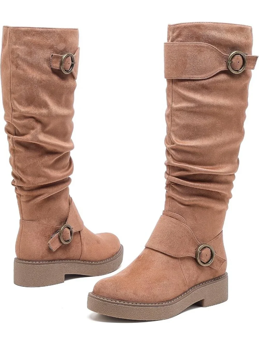 Women's Tan Casual Platform Slouchy Side Zipper Comfort Round Toe Knee High Boot